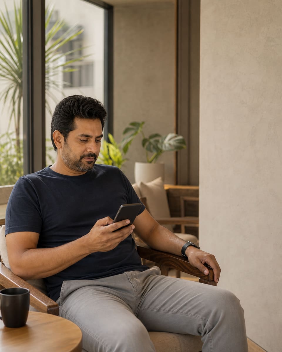 A homeowner calmly checking home from an office lounge