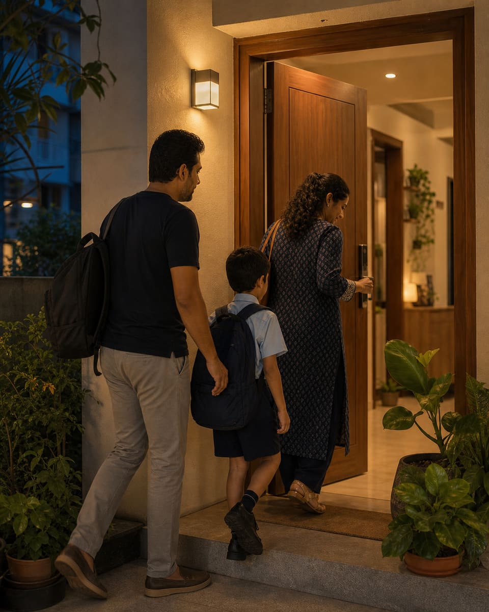 A family returning to their warmly lit home in the evening