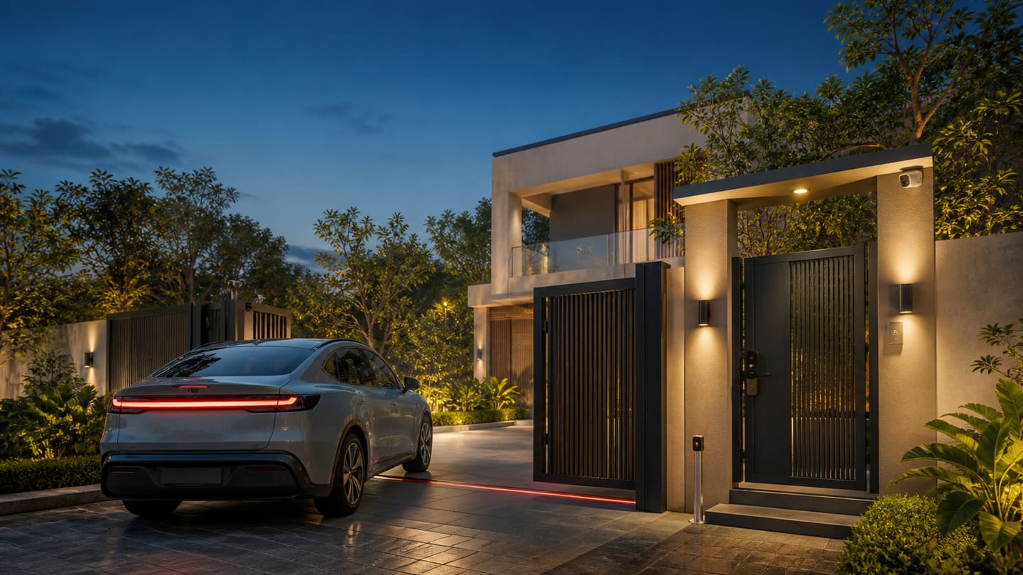 Conceptual modern home entrance with separate vehicle and pedestrian gates