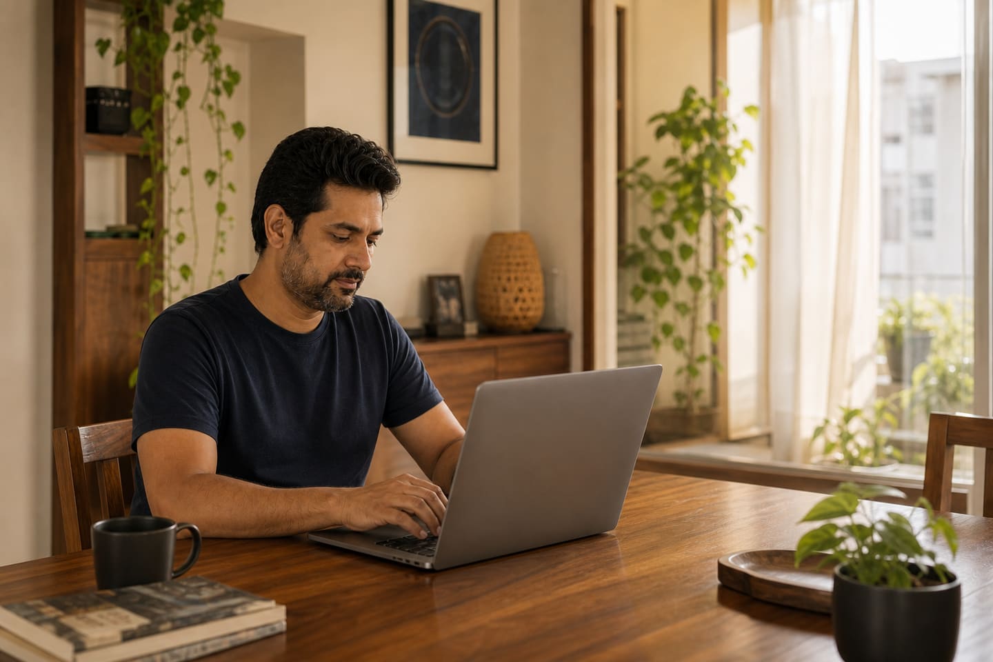 A homeowner using a laptop with Home Assistant in a warm living room