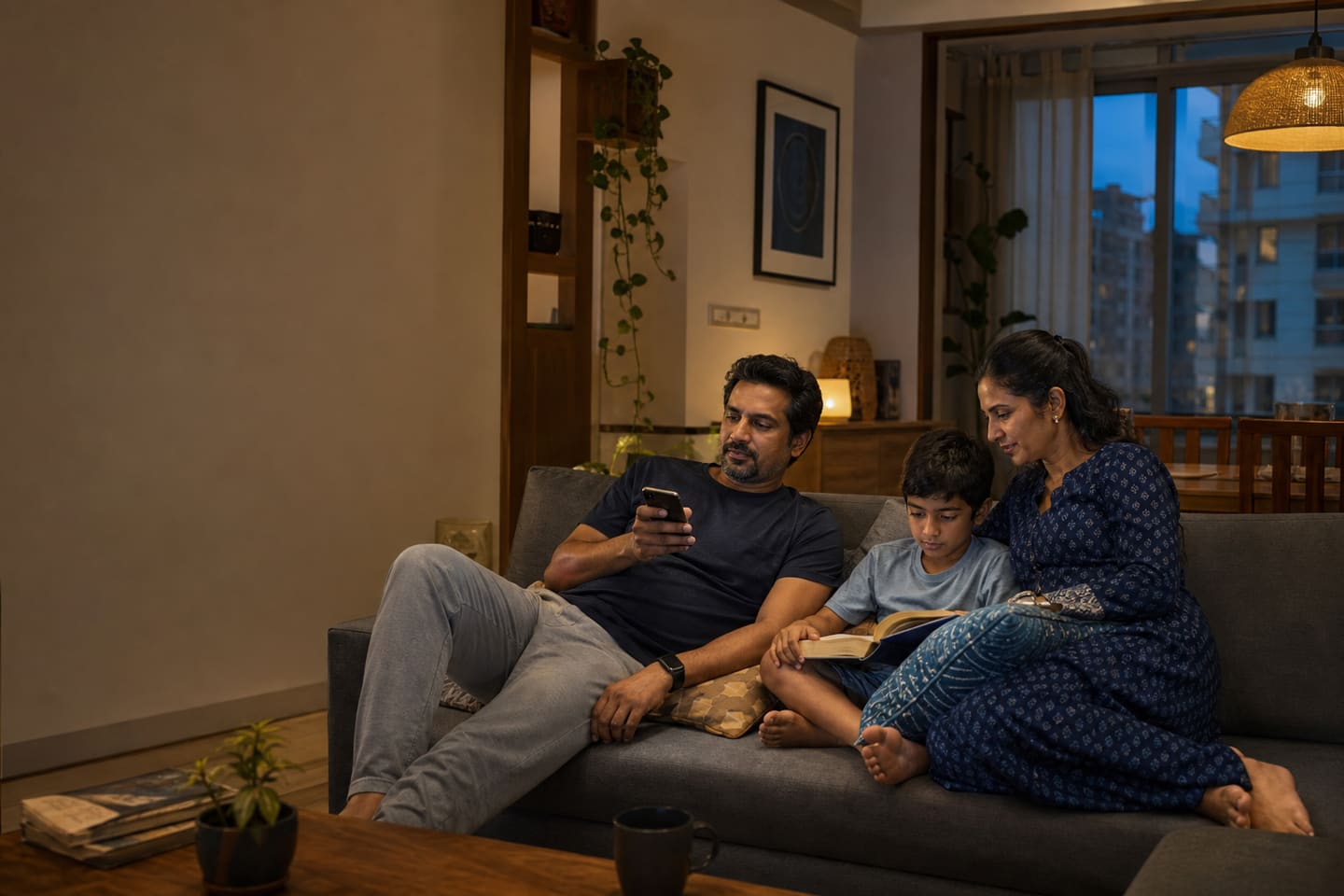 A family relaxing together in a warmly lit Indian living room while one parent uses a phone