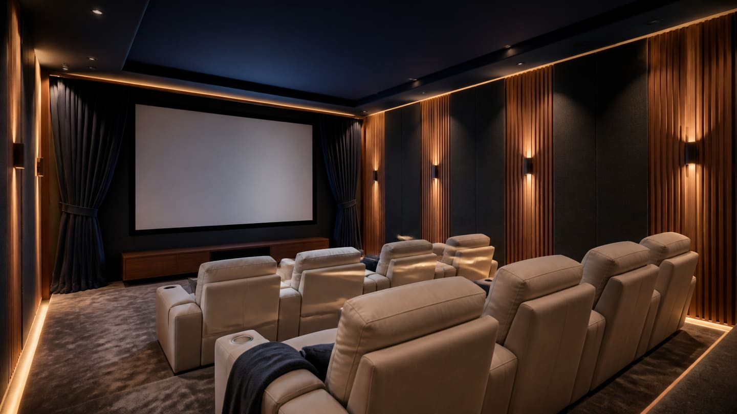 Conceptual home theatre with acoustic treatment, curtains, projection and warm aisle lighting