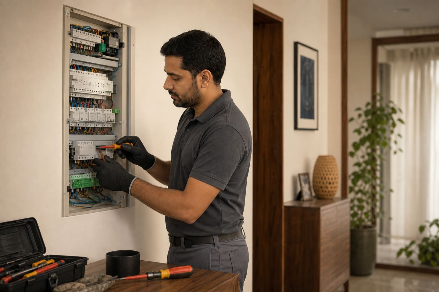 A professional installer commissioning a tidy home automation panel