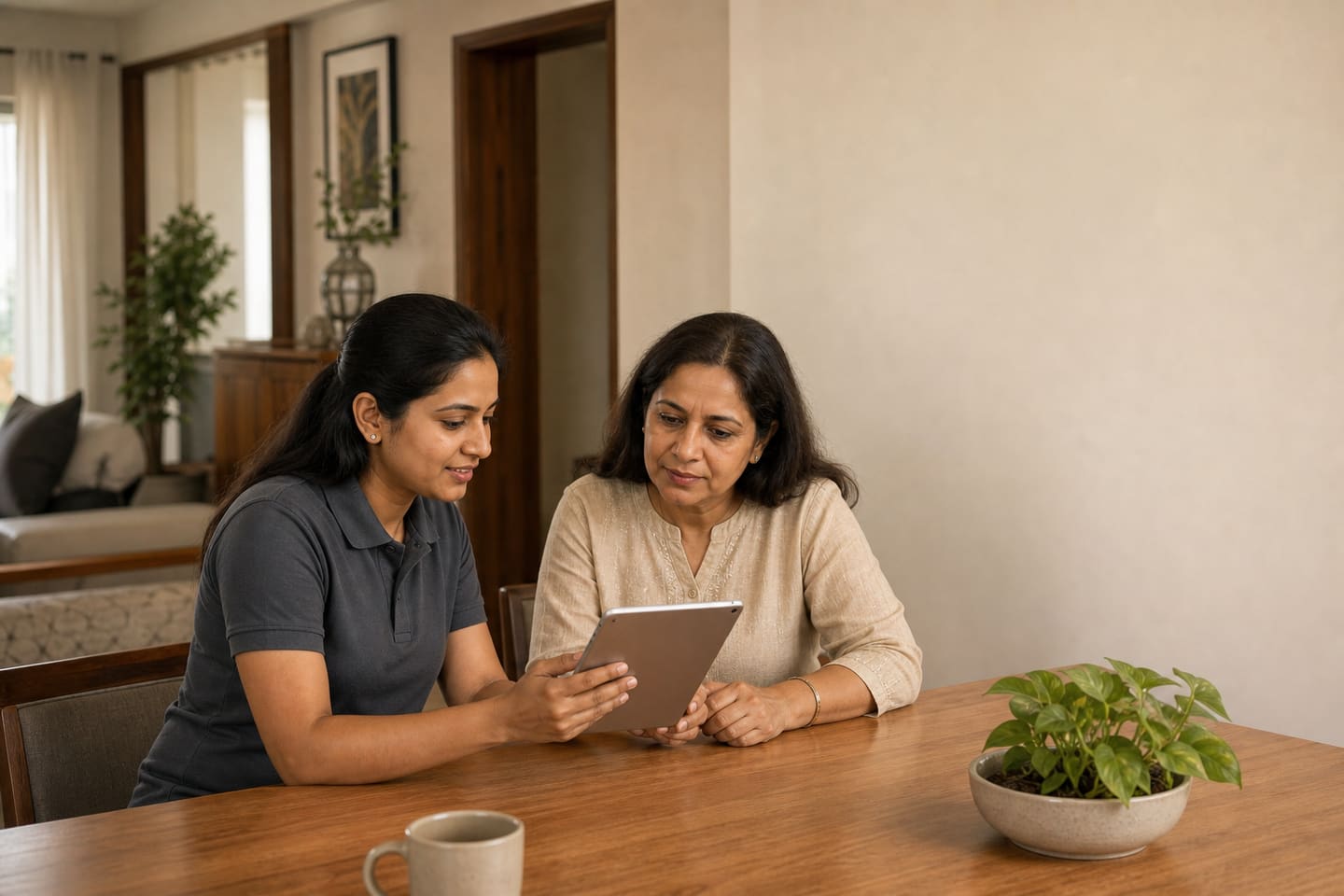 A consultant helping a homeowner with a smart-home setup